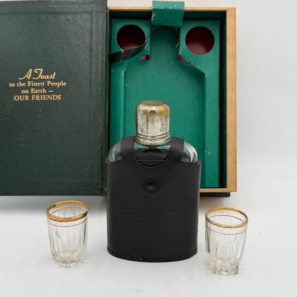 Vintage The Cheerful Swallow Book Flask Set with Jack Daniels Labels & Letter